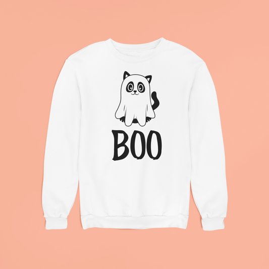 Boo Ghost Cat Halloween Print Sweatshirt, Halloween, Halloween Sweatshirt, Halloween Cat.