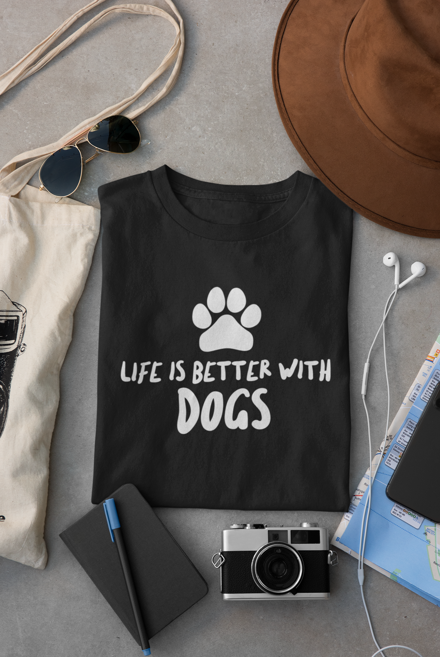 Life Is Better with Dogs. T-Shirt Black Shirt White Letters.